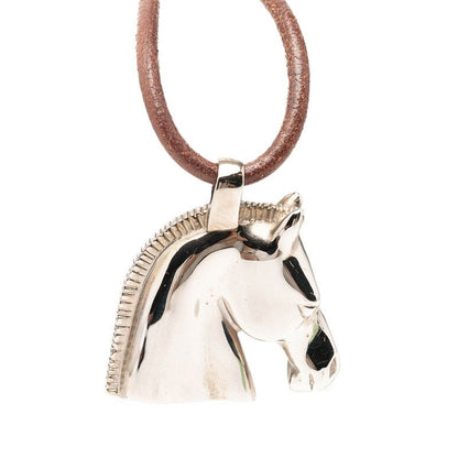 Hermes Cheval Horse Necklace Silver Brown Metal Leather — view 2