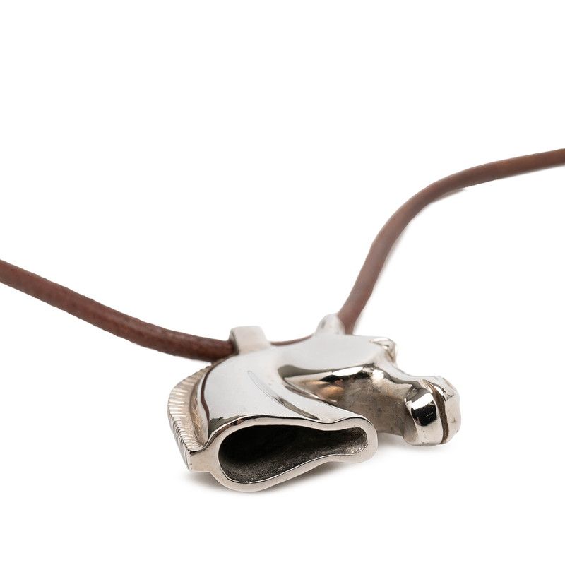 Hermes Cheval Horse Necklace Silver Brown Metal Leather — view 4