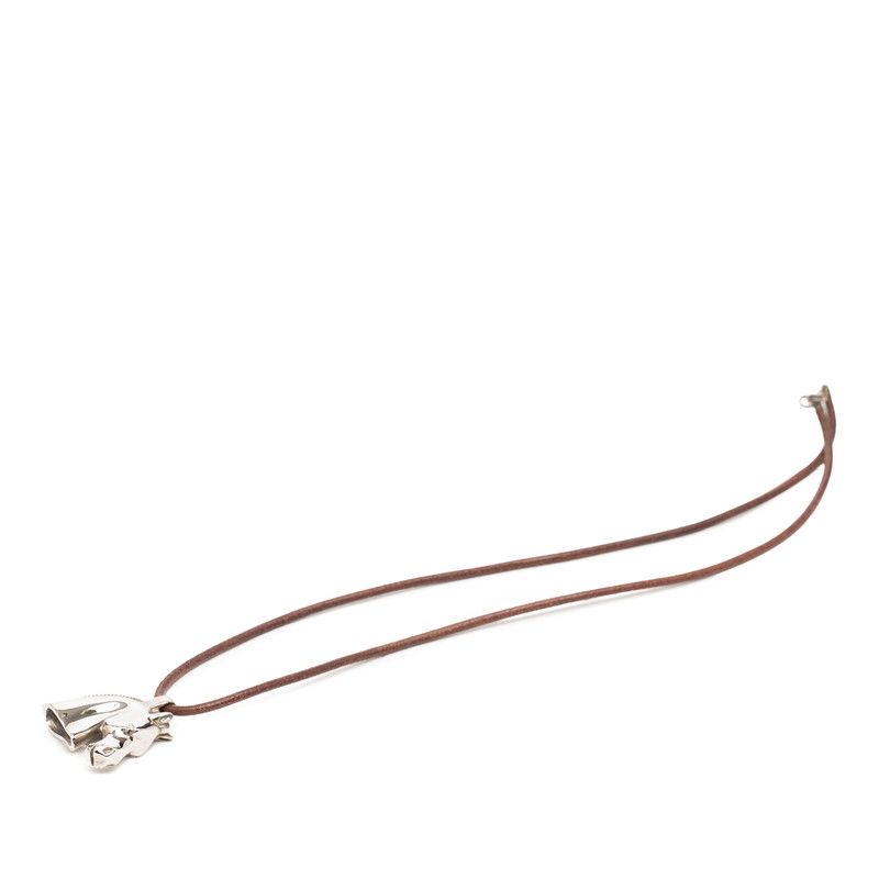 Hermes Cheval Horse Necklace Silver Brown Metal Leather — view 3