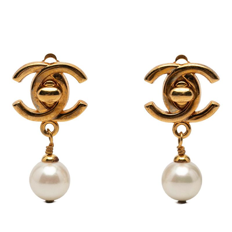 Chanel CC Logo Turnlock Motif Vintage Earrings Gold Plated Faux Pearl