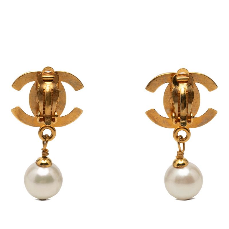 Chanel CC Logo Turnlock Motif Vintage Earrings Gold Plated Faux Pearl — view 2