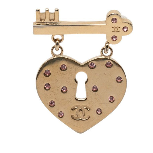 Chanel CC Logo Heart Rock Motif Brooch Gold Pink Plated Line Stone