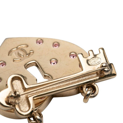 Chanel CC Logo Heart Rock Motif Brooch Gold Pink Plated Line Stone — view 3