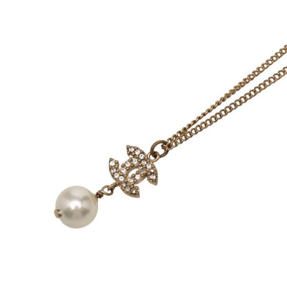 Chanel CC Logo Necklace Gold Plated Line Stone Faux Pearl