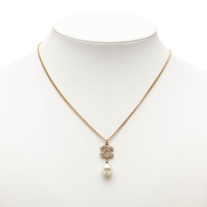 Chanel CC Logo Necklace Gold Plated Line Stone Faux Pearl — view 7