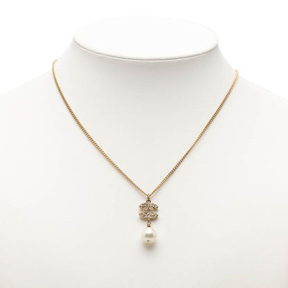 Chanel CC Logo Necklace Gold Plated Line Stone Faux Pearl — view 7