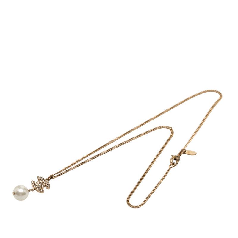 Chanel CC Logo Necklace Gold Plated Line Stone Faux Pearl — view 4