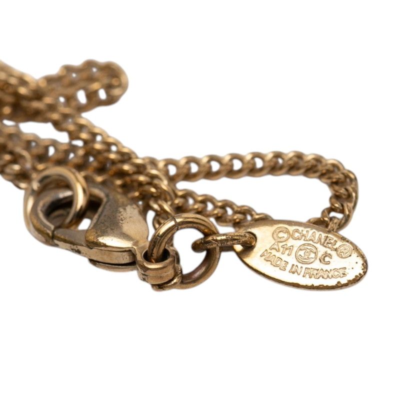 Chanel CC Logo Necklace Gold Plated Line Stone Faux Pearl — view 6