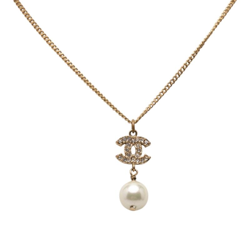 Chanel CC Logo Necklace Gold Plated Line Stone Faux Pearl — view 2