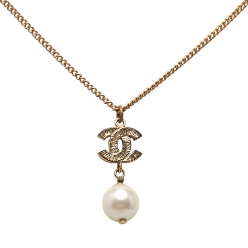 Chanel CC Logo Necklace Gold Plated Line Stone Faux Pearl — view 3