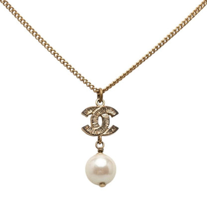 Chanel CC Logo Necklace Gold Plated Line Stone Faux Pearl — view 3