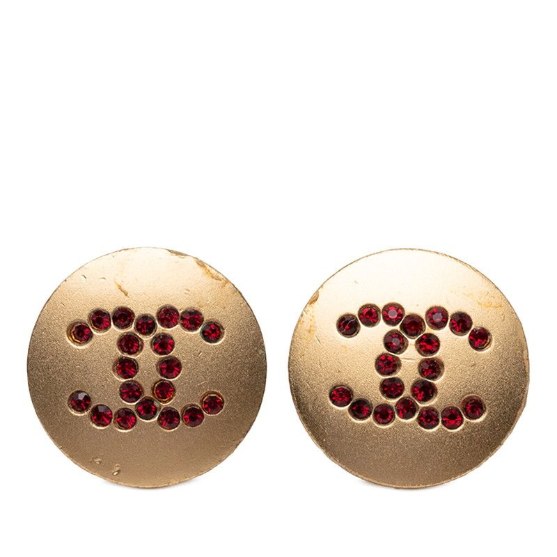 Chanel CC Logo Stud Earrings Gold Red Plated Color Stone