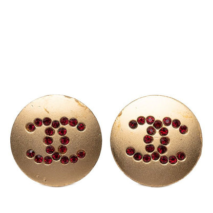 Chanel CC Logo Stud Earrings Gold Red Plated Color Stone