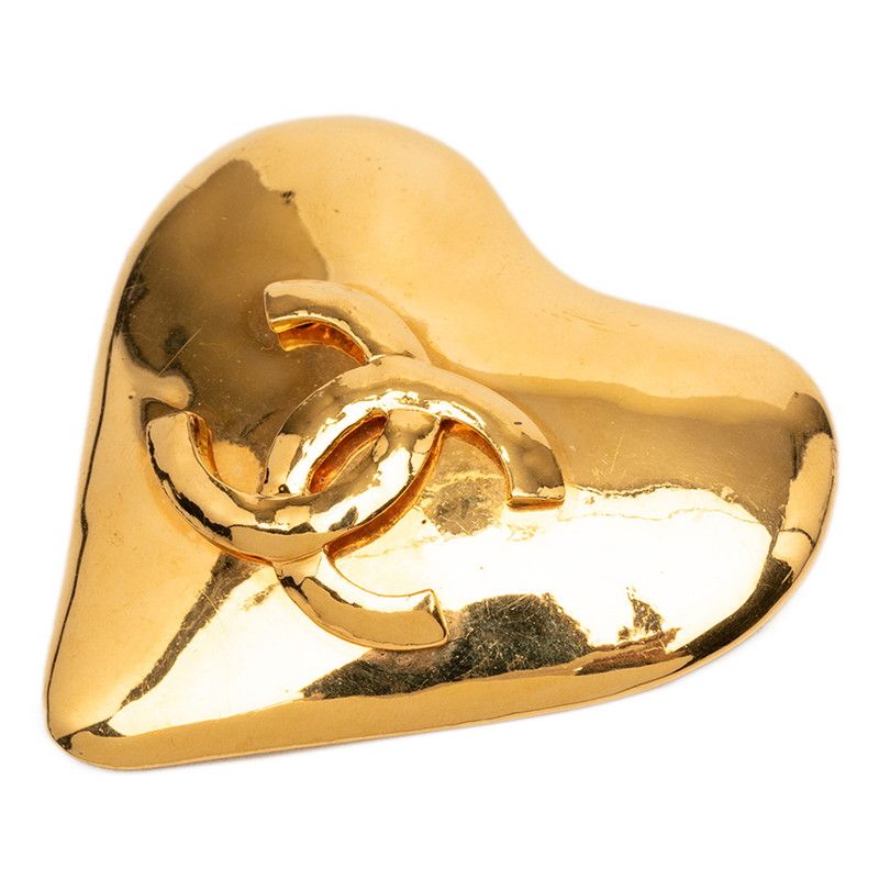 Chanel CC Logo Heart Motif Brooch Vintage Gold Plated