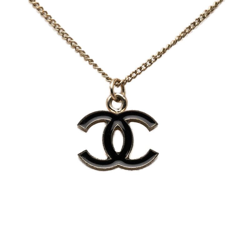 Chanel CC Logo Pendant Necklace Gold Black Plated