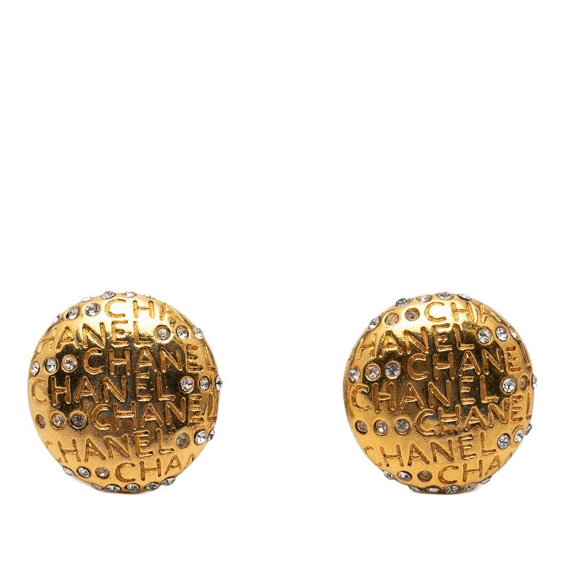 Chanel Logo Round Earrings Vintage Gold Plated Line Stone