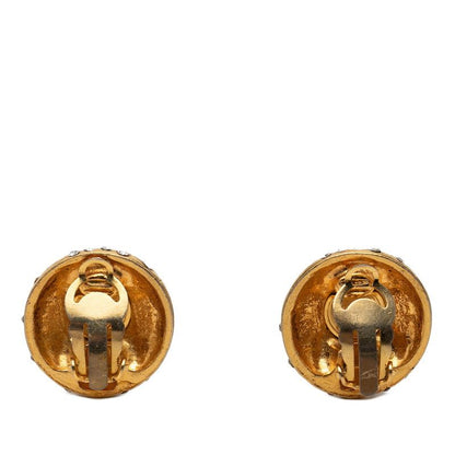 Chanel Logo Round Earrings Vintage Gold Plated Line Stone — view 2