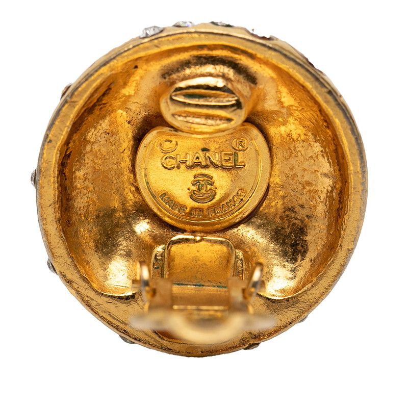 Chanel Logo Round Earrings Vintage Gold Plated Line Stone — view 3