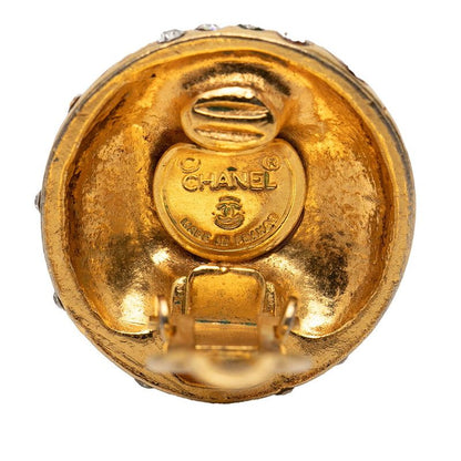 Chanel Logo Round Earrings Vintage Gold Plated Line Stone — view 3