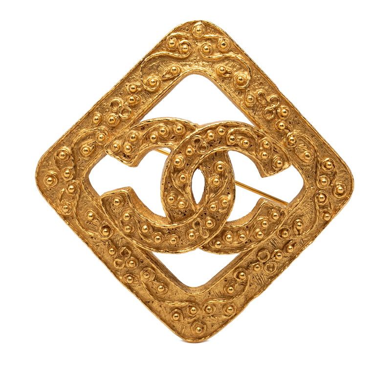 Chanel CC Logo Diamond Brooch Vintage Gold Plated