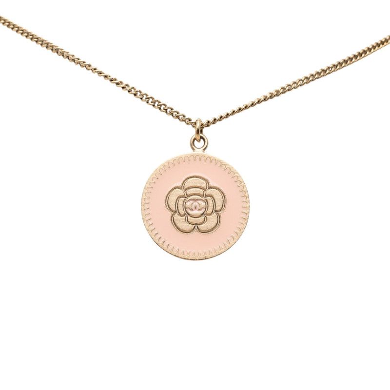 Chanel Camellia Pendant Necklace Gold Pink Enamel Plated