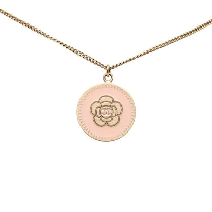 Chanel Camellia Pendant Necklace Gold Pink Enamel Plated