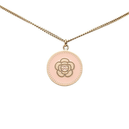 Chanel Camellia Pendant Necklace Gold Pink Enamel Plated