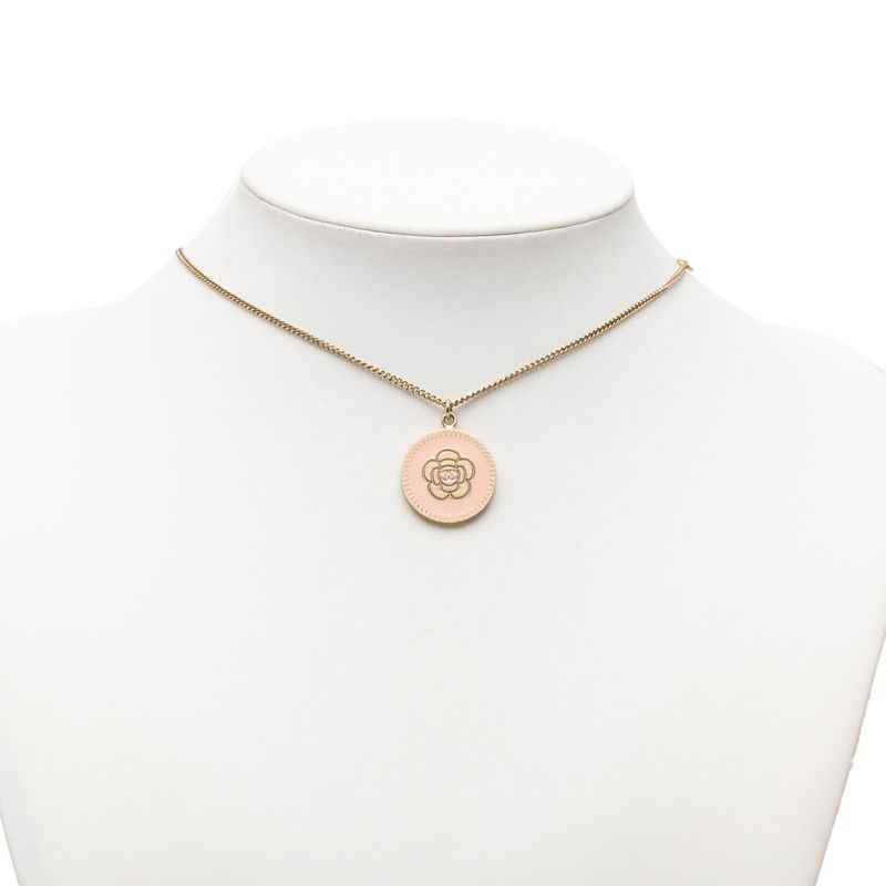Chanel Camellia Pendant Necklace Gold Pink Enamel Plated — view 6