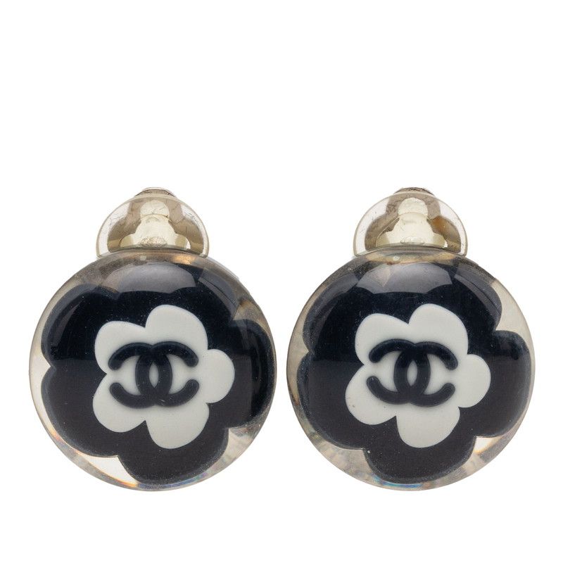 Chanel Camellia CC Logo Earrings Silver Black White Metal Resin