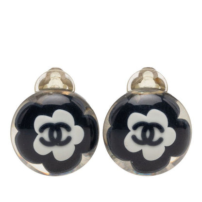 Chanel Camellia CC Logo Earrings Silver Black White Metal Resin