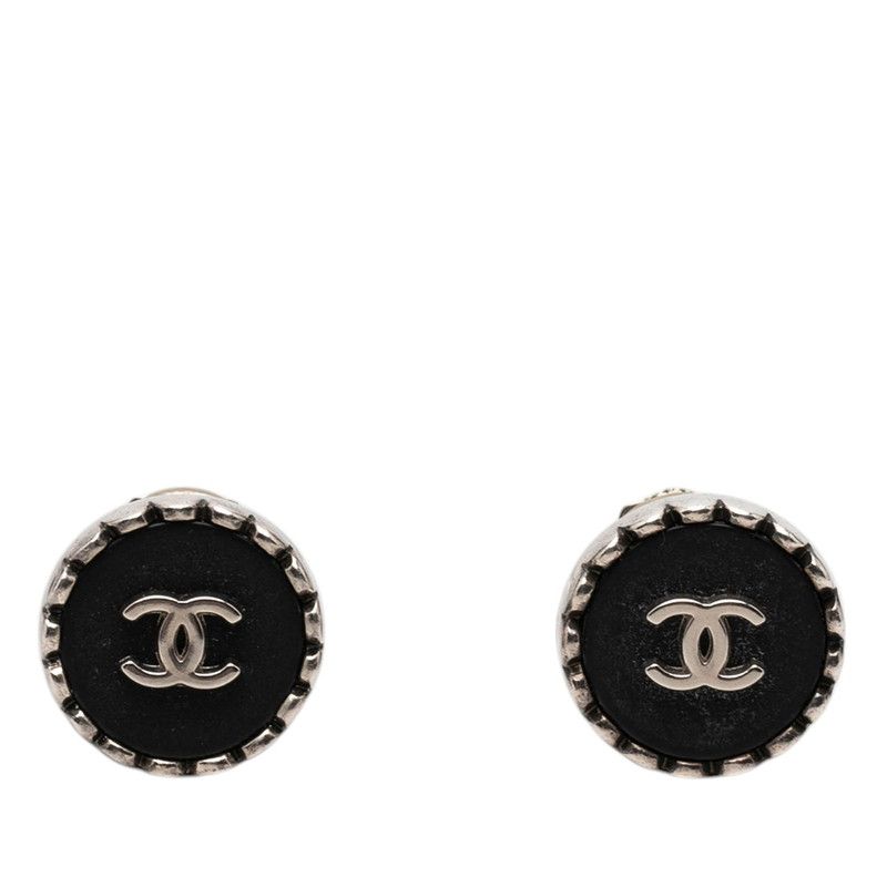 Chanel CC Logo Vintage Earrings Silver Black Metal