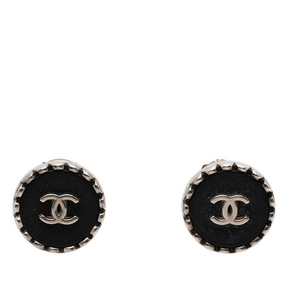 Chanel CC Logo Vintage Earrings Silver Black Metal