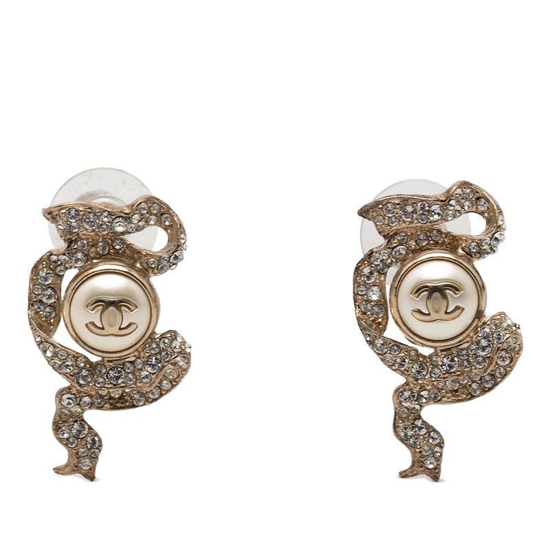 Chanel CC Logo Pearl Ribbon Motif Earrings 18c Gold Plated Line Stone