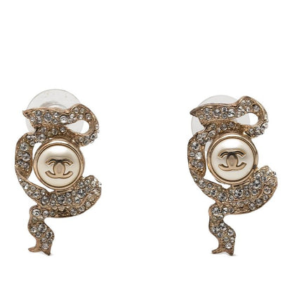 Chanel CC Logo Pearl Ribbon Motif Earrings 18c Gold Plated Line Stone