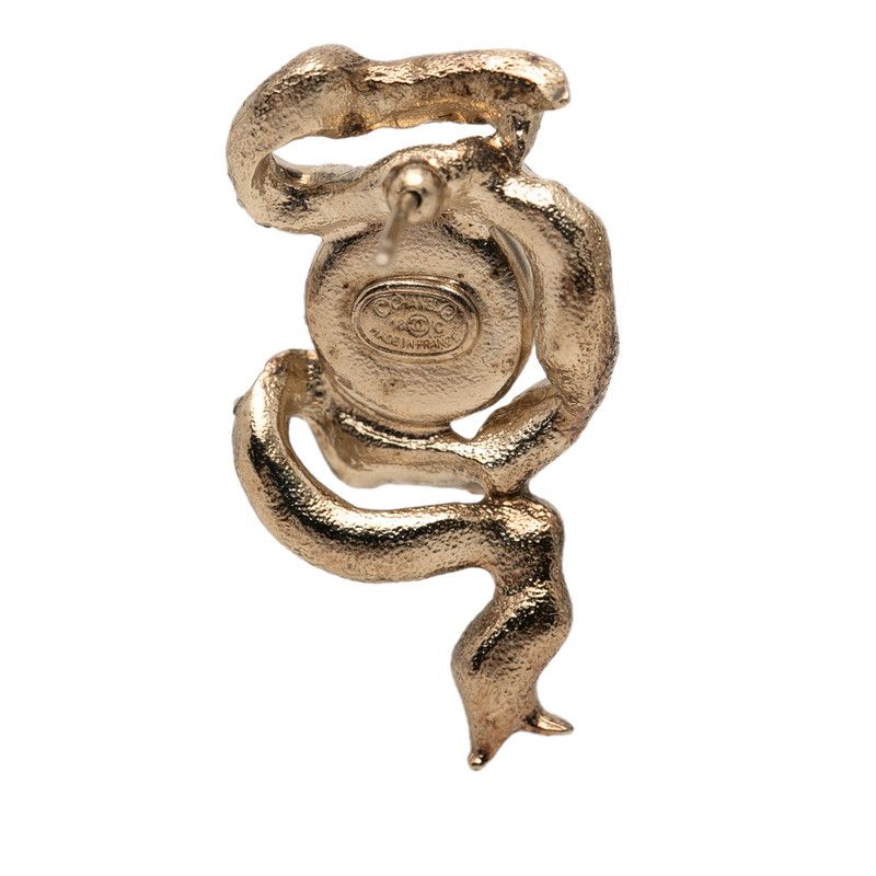 Chanel CC Logo Pearl Ribbon Motif Earrings 18c Gold Plated Line Stone — view 3