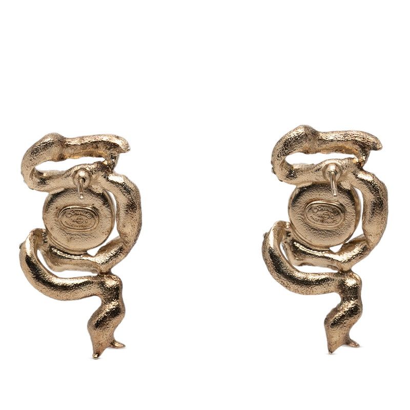 Chanel CC Logo Pearl Ribbon Motif Earrings 18c Gold Plated Line Stone — view 2
