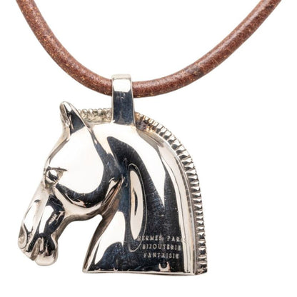 Hermes Cheval Hose Horse Motif Necklace Silver Brown Metal Leather — view 3