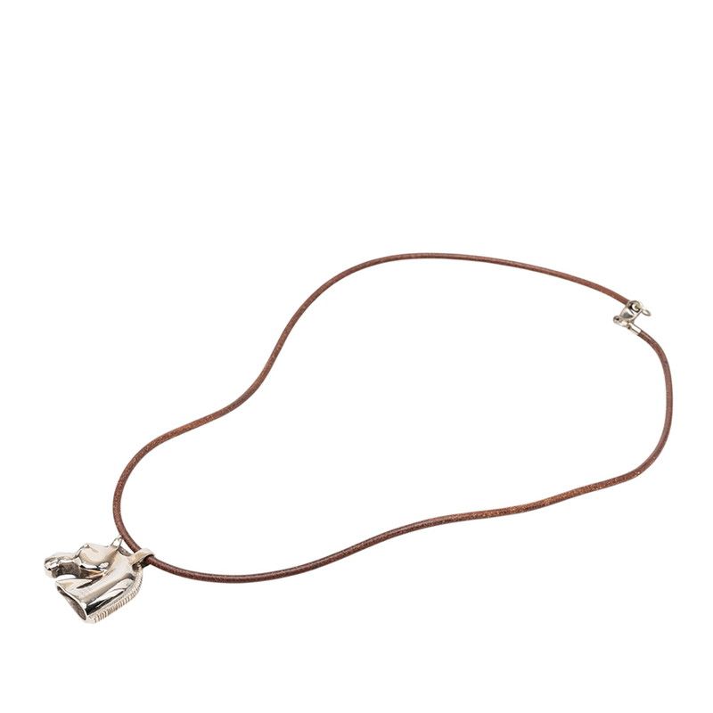Hermes Cheval Hose Horse Motif Necklace Silver Brown Metal Leather