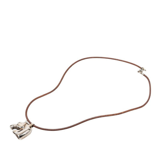 Hermes Cheval Hose Horse Motif Necklace Silver Brown Metal Leather