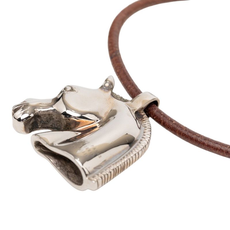 Hermes Cheval Hose Horse Motif Necklace Silver Brown Metal Leather — view 6