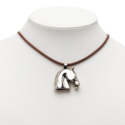 Hermes Cheval Hose Horse Motif Necklace Silver Brown Metal Leather — view 7