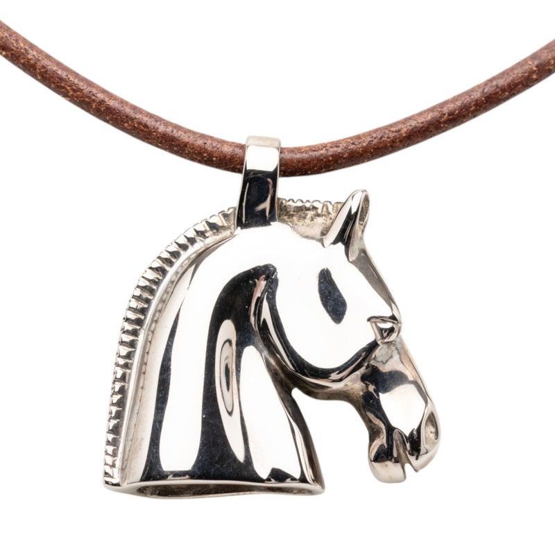Hermes Cheval Hose Horse Motif Necklace Silver Brown Metal Leather — view 2