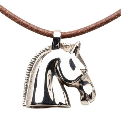 Hermes Cheval Hose Horse Motif Necklace Silver Brown Metal Leather — view 2