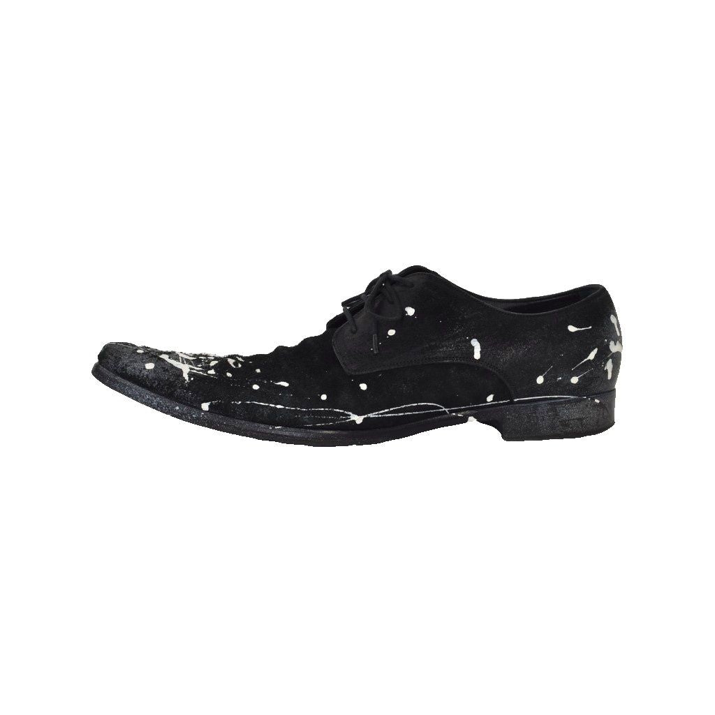 Dolce & Gabbana Derby Shoes Dress Leather Painted Pointed Toe 8.5 Black White — view 2
