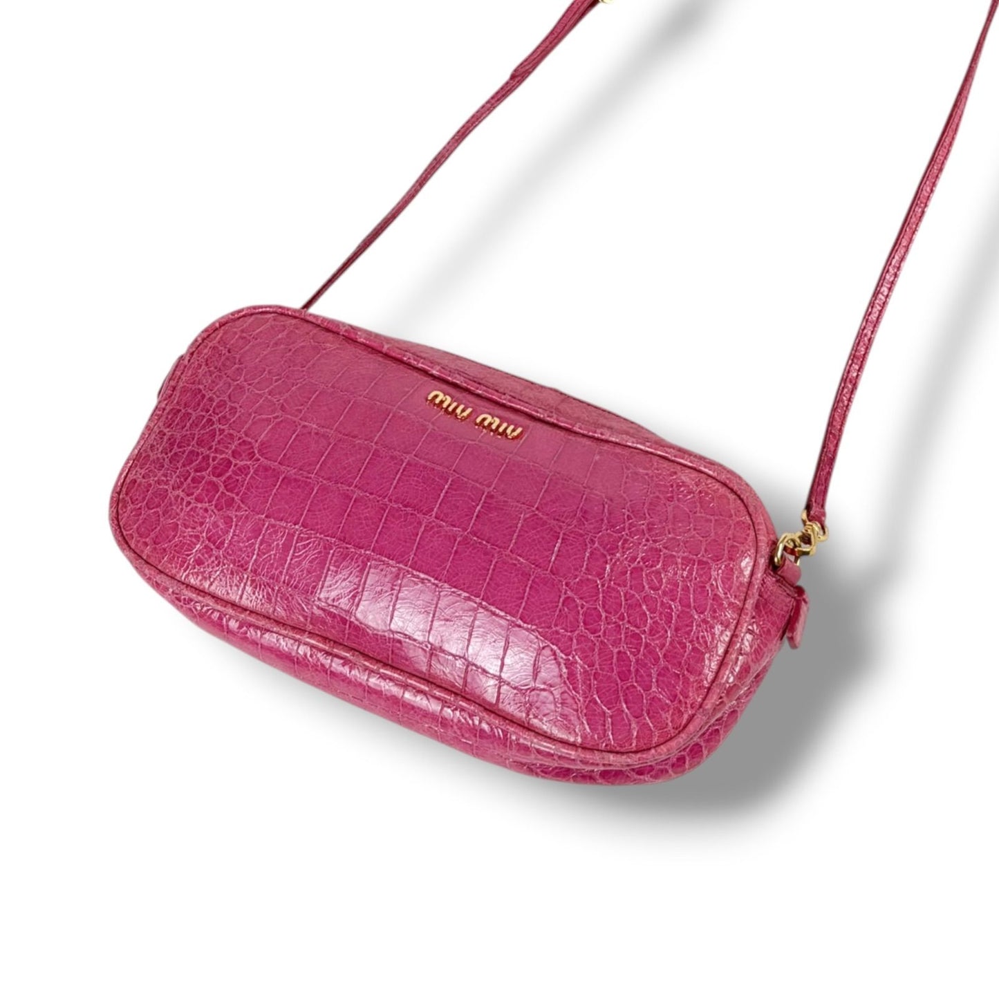 Miu Miu Miu Croco Embossed Leather Mini Shoulder Bag Pink Pochette Gold Charm