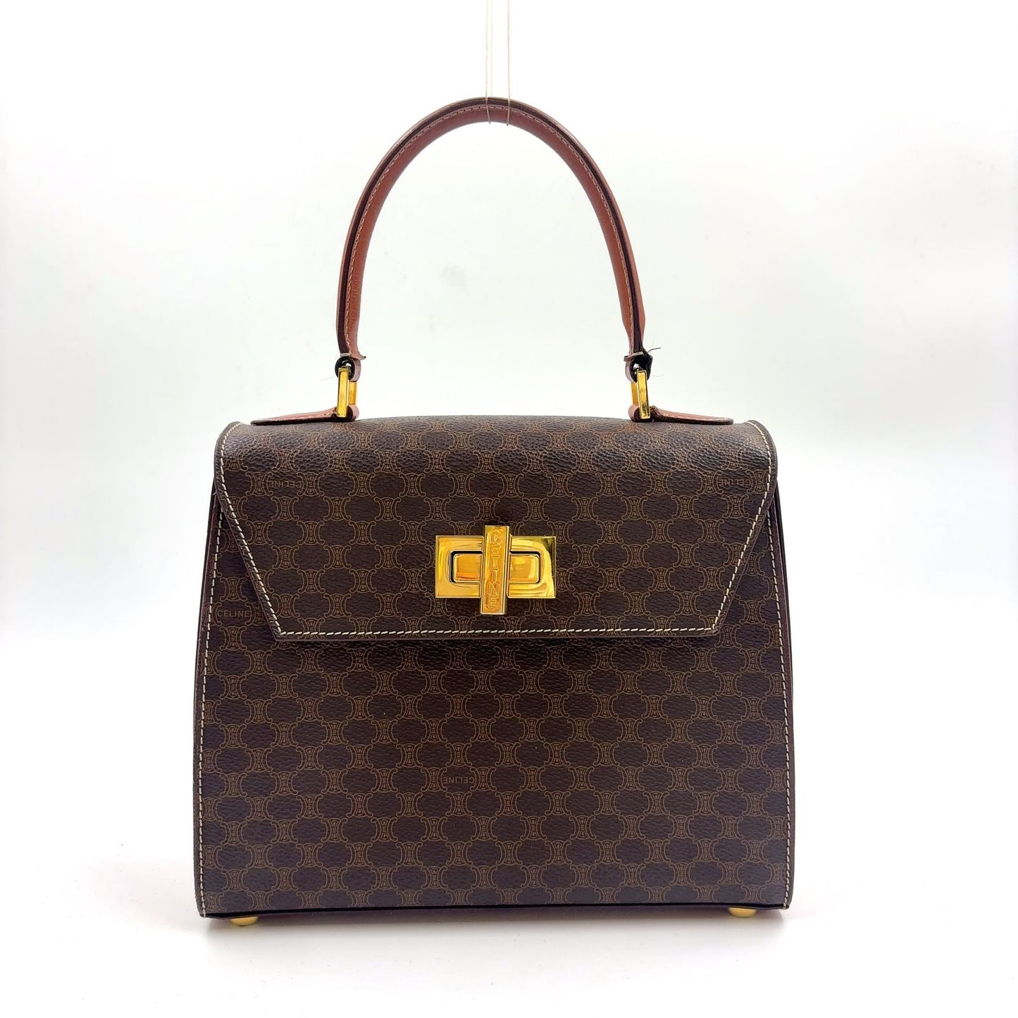 Celine Macadam Pattern Turnlock 2-Way Shoulder Leather Brown Handbag Gold