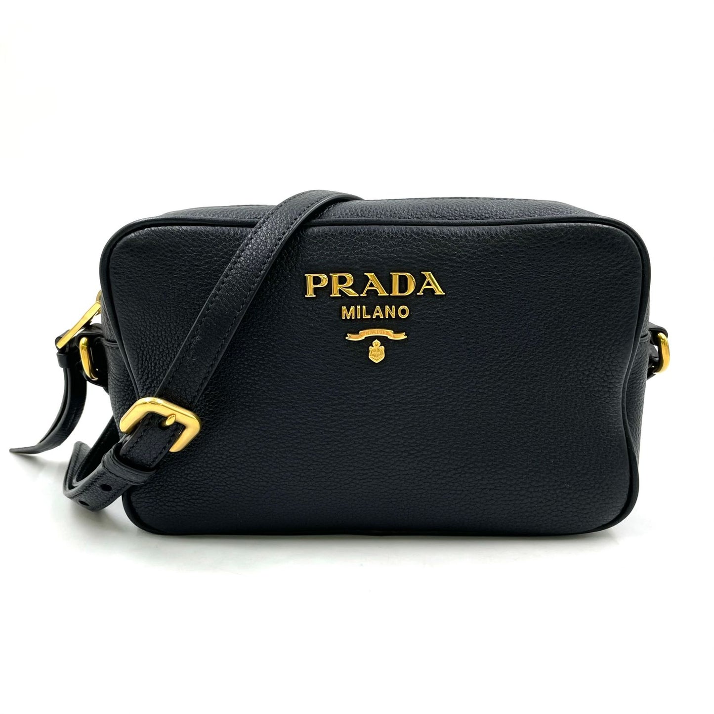 Prada Gold Logo Leather Black Shoulder Bag