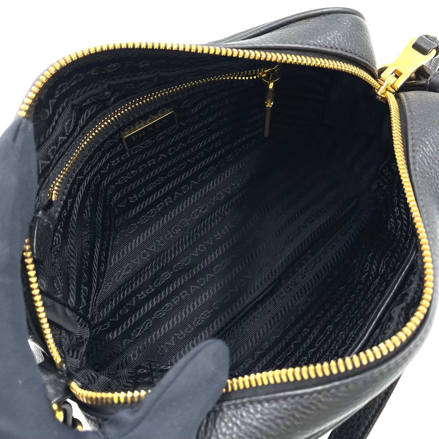 Prada Gold Logo Leather Black Shoulder Bag — view 4