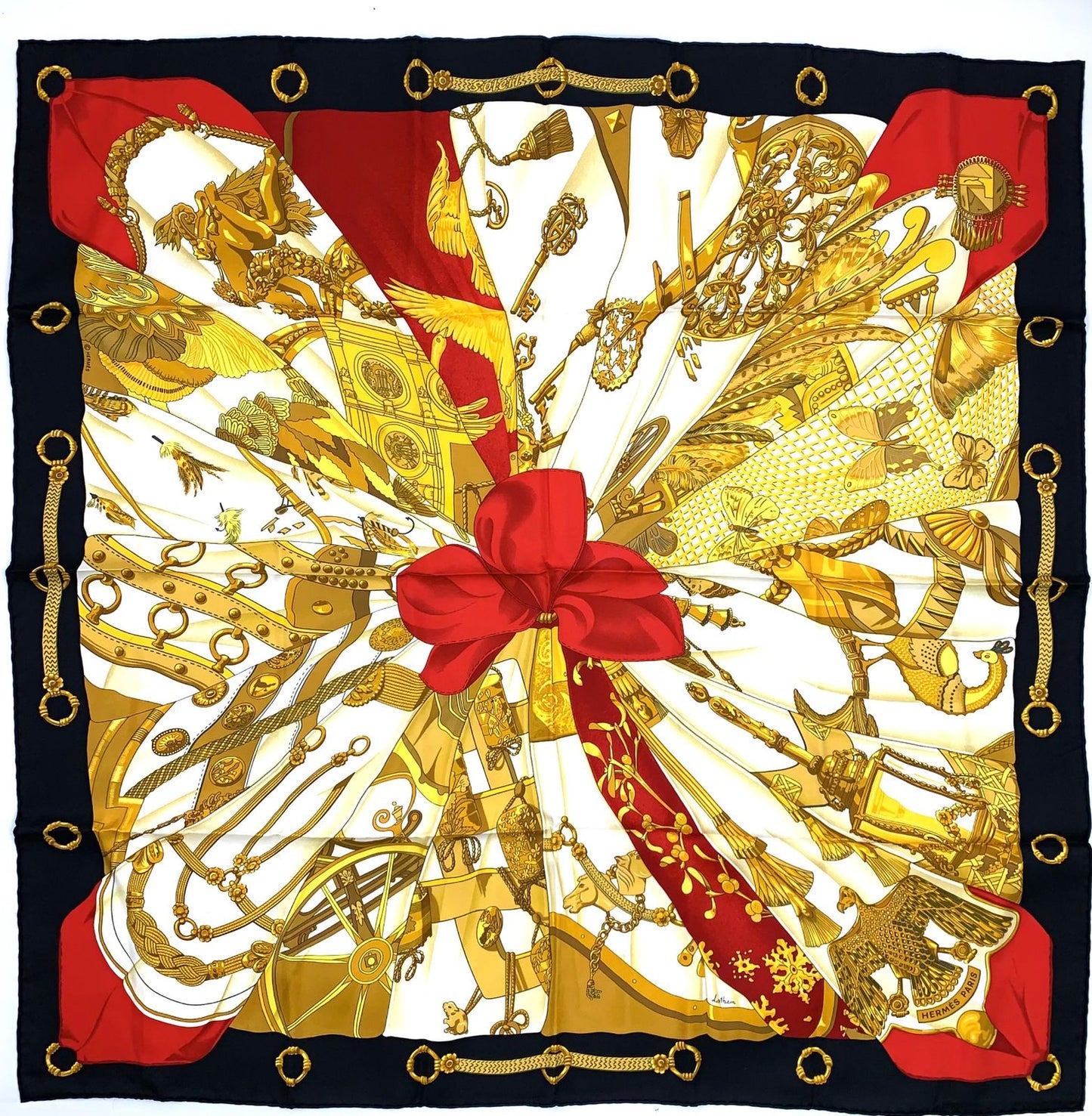 Hermes Soleil de Soie Carre 90 Silk Gold Multicolor Scarf