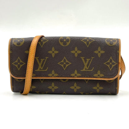 Louis Vuitton Pochette Twin PM Monogram Leather Brown Shoulder Bag Gold